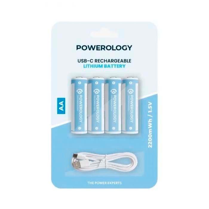 Powerology Rechargeable Lithium Battery AA 4 pcs 2200mAh Type-C