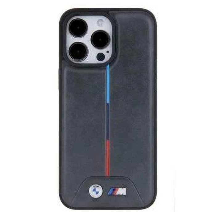 iPhone 15 Pro 15 Pro Max BMW M PU Leather Case with Quilted Tricolor Pattern Black