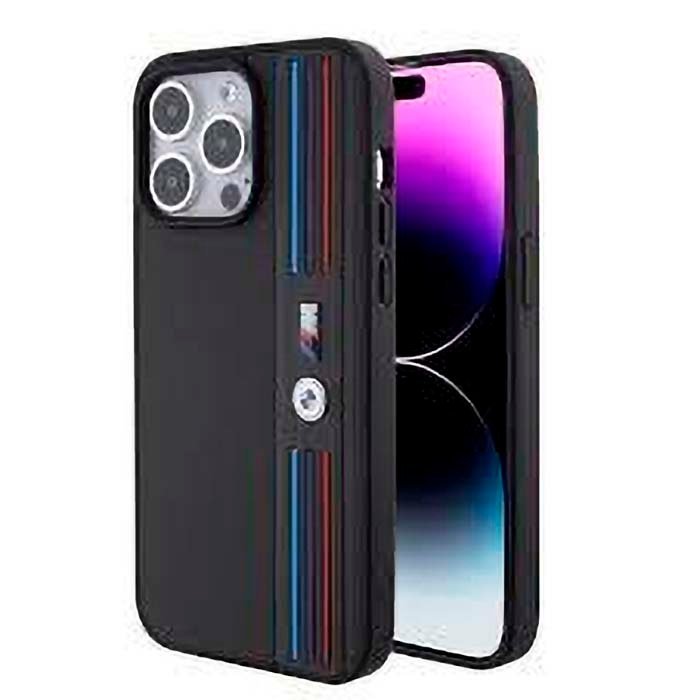 iPhone 15 Pro 15 Pro Max BMW M PU Leather Case with Hexo Pattern & Stripe Black