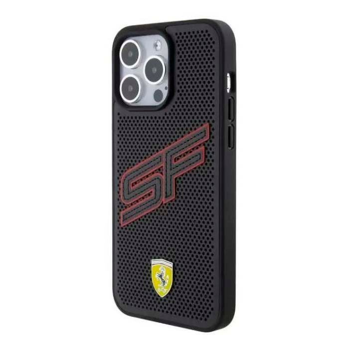 iPhone 15 Pro Ferrari PU Leather Case with Big SF Perforated Design Black