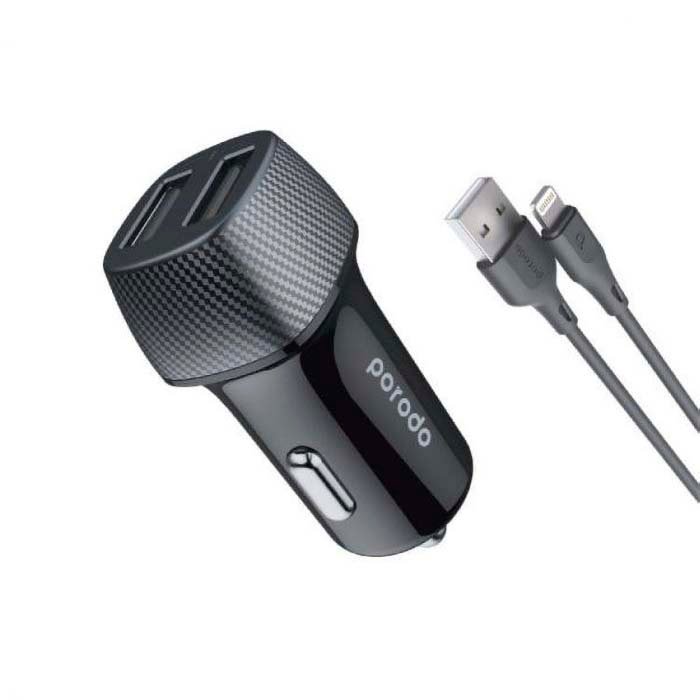 Car Charger Porodo Dual Port with Lightning Cable Black
