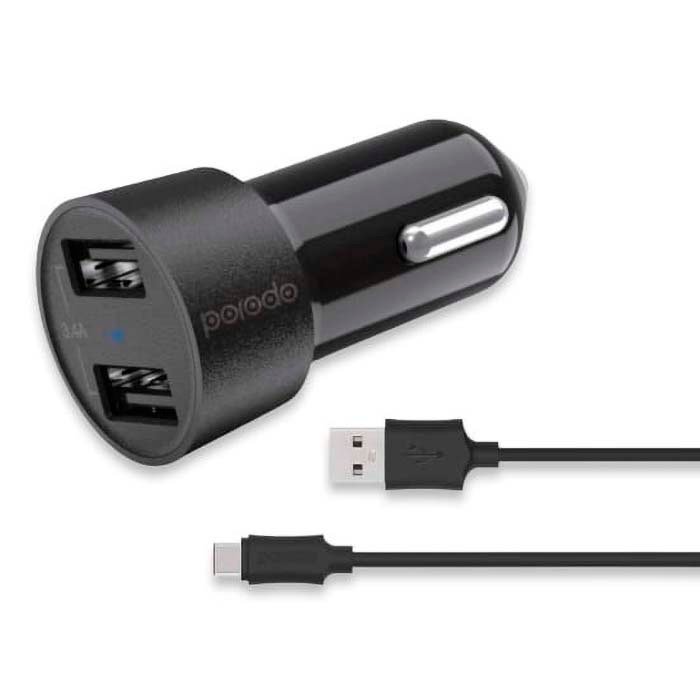 Car Charger Porodo Dual USB 3.4A with Type-C Cable