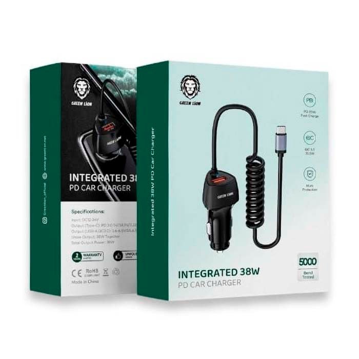 Car Charger Green Lion Integrated 38W with Type-C Cable Black