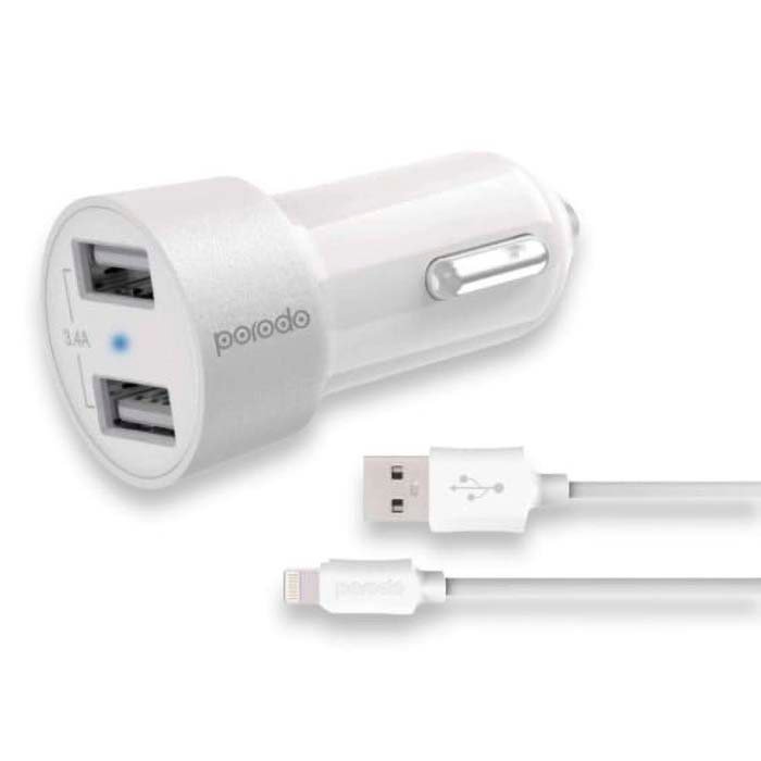 Car Charger Porodo Dual USB 3.4A with Lightning Cable White