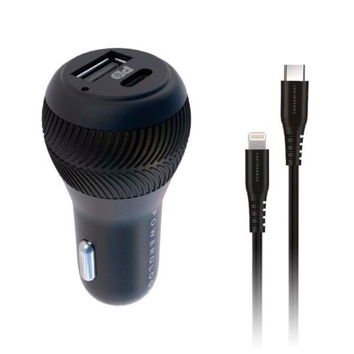 Car Charger Powerology Dual Port PD 35W with Type-C to Lightning Cable Black