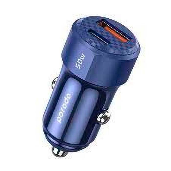 Car Charger Porodo 50W Dual Port PD 20W QC 30W Blue