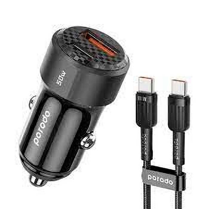 Car Charger Porodo 50W PD 20W QC 30W with Type-C to Type-C Cable
