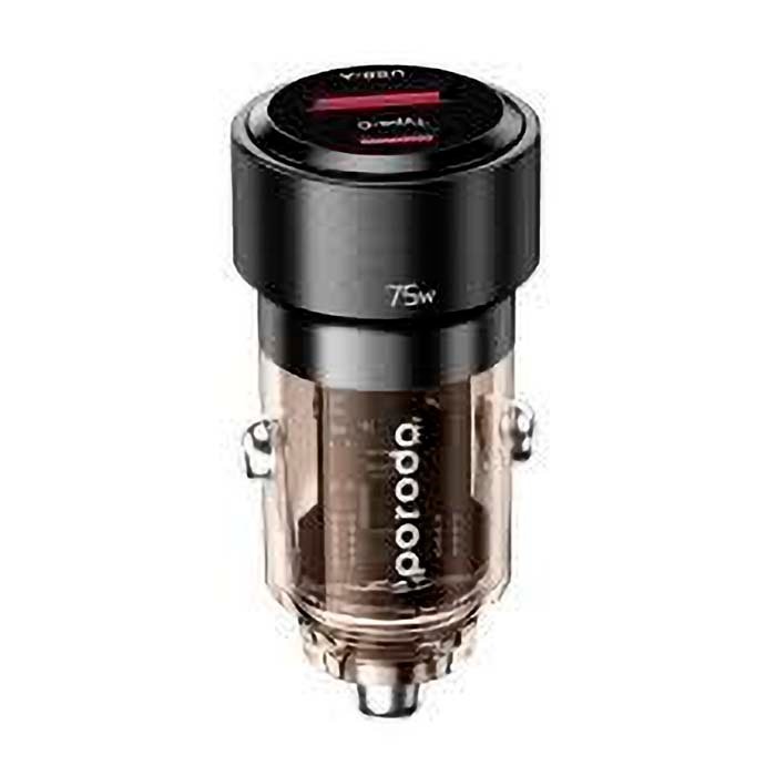 Car Charger Porodo 75W Transparent Dual Port PD 45W QC 30W Black