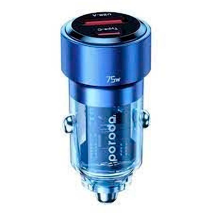 Car Charger Porodo 75W Transparent Dual Port PD 45W QC 30W Blue