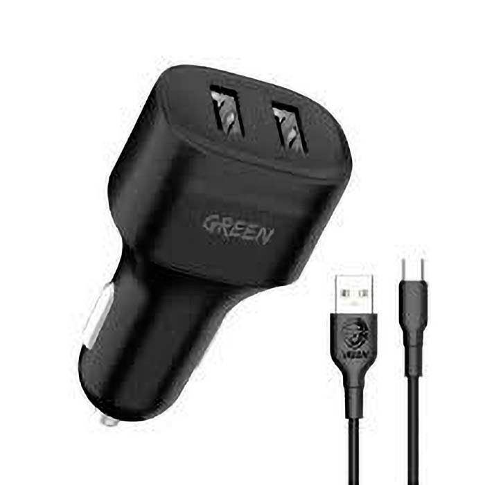 Car Charger Green Dual Port 12W with Type-C Cable 1.2M